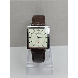 Rare Skagen Mens 32mm Square Silver Dial Quartz Brown Leather Watch New Battery